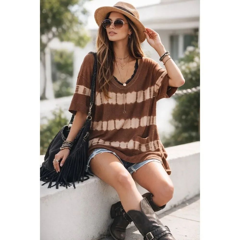 We the Free Canyon Wash Tie Dye Waffle Tunic Shirt sz S boho oversized
